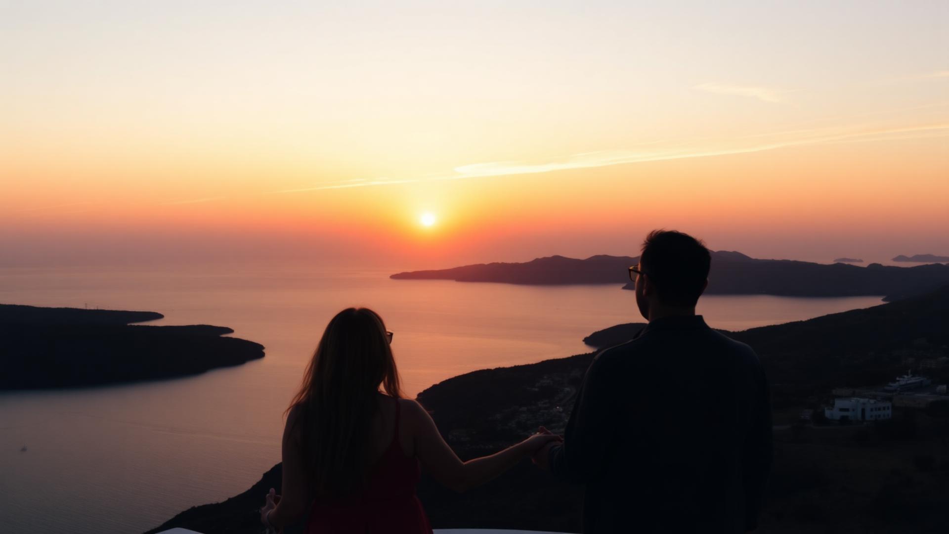 Ζευγάρι παρακολουθεί ηλιοβασίλεμα στην Ελλάδα